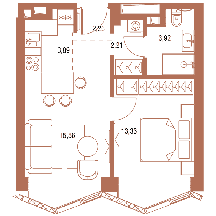 1-комнатная квартира 41.21 кв.м. в Савёловском