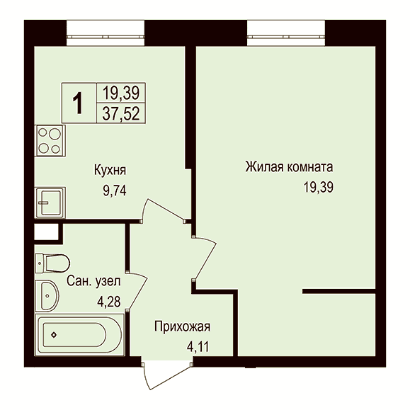 1-комнатная квартира 37.40 кв.м. в Борисовке