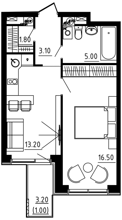 1-комнатная квартира 41.20 кв.м. в Десеновском