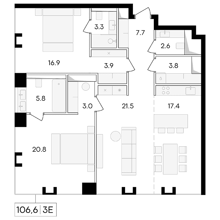 3-комнатная квартира 106.60 кв.м. в Пресненском