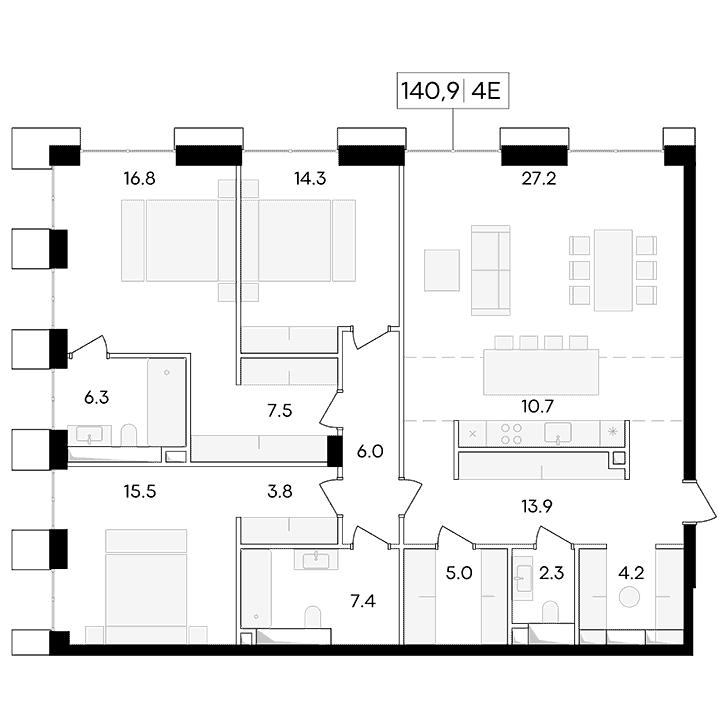 4-комнатная квартира 140.90 кв.м. в Пресненском