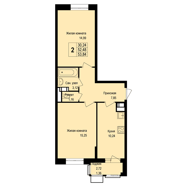 2-комнатная квартира 54.20 кв.м. в Борисовке