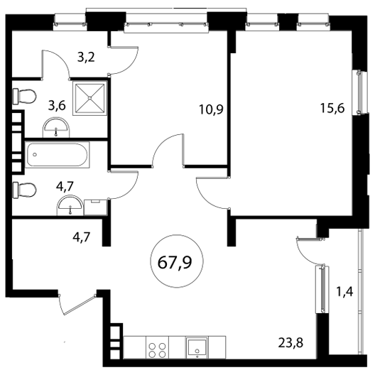 2-комнатная квартира 67.90 кв.м. в Можайском