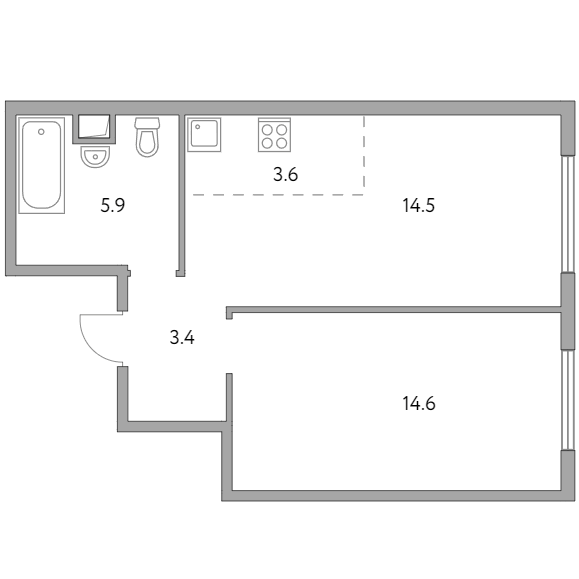 2-комнатная квартира 42.00 кв.м. в Гранитном