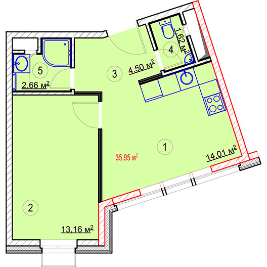 1-комнатная квартира 35.95 кв.м. в Алексеевском