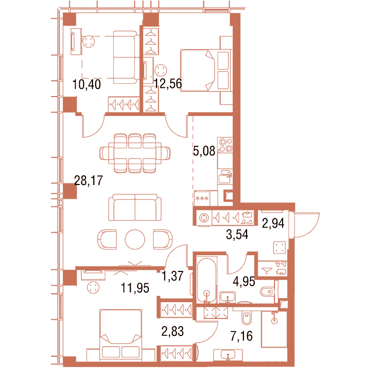 3-комнатная квартира 90.95 кв.м. в Савёловском