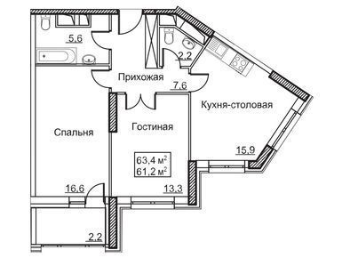 2-комнатная квартира 63.40 кв.м. во Внуковском