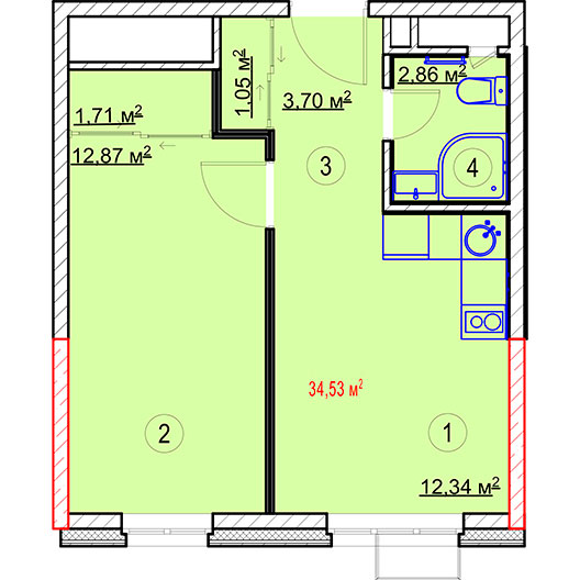 1-комнатная квартира 34.53 кв.м. в Алексеевском