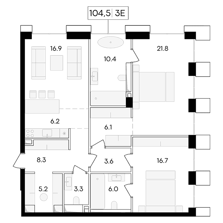 3-комнатная квартира 104.50 кв.м. в Пресненском