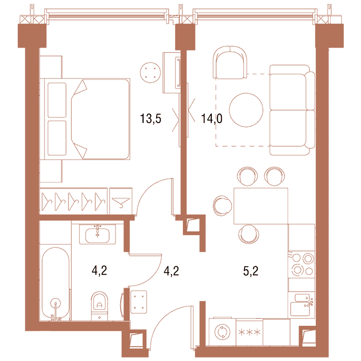 1-комнатная квартира 41.11 кв.м. в Савёловском