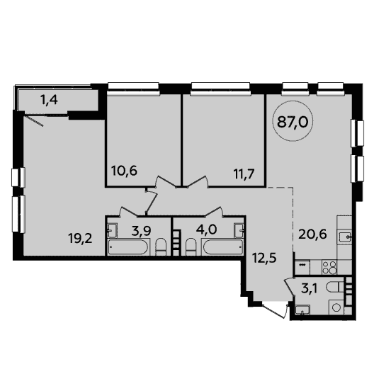3-комнатная квартира 87.00 кв.м. в Южном Бутово