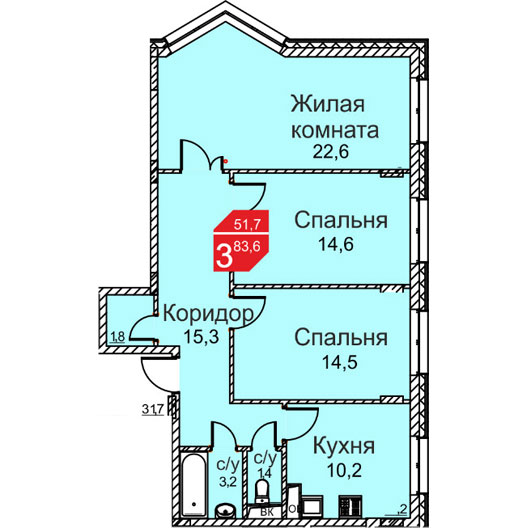 3-комнатная квартира 80.00 кв.м. в Десеновском