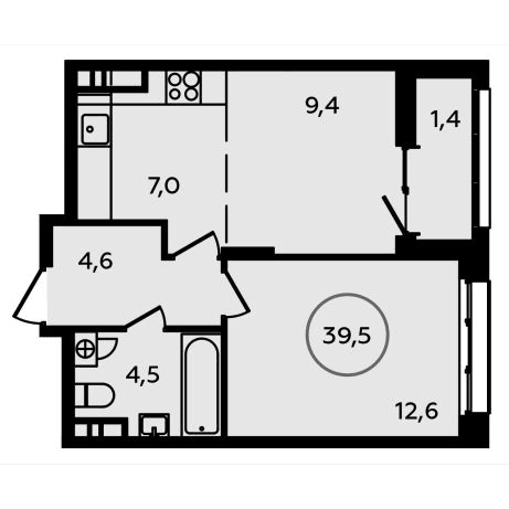 2-комнатная квартира 39.50 кв.м. в Сосенском