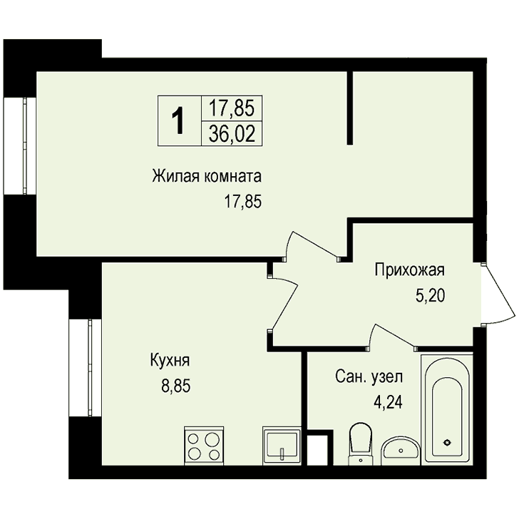 1-комнатная квартира 36.10 кв.м. в Борисовке