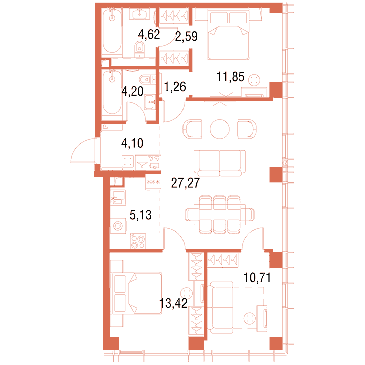 3-комнатная квартира 85.15 кв.м. в Савёловском