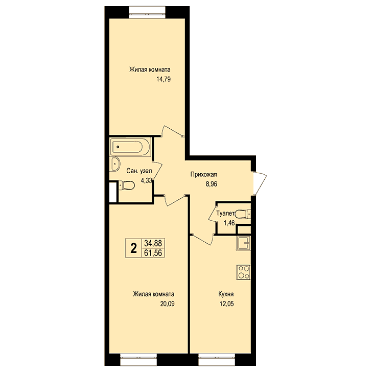 2-комнатная квартира 61.70 кв.м. в Борисовке