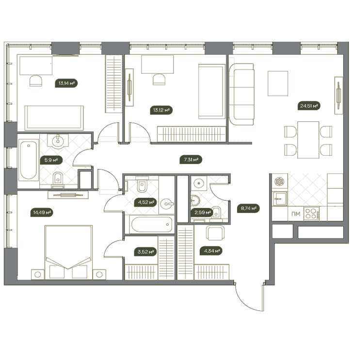 3-комнатная квартира 102.20 кв.м. в Раменках