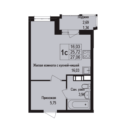 1-комнатная студия 27.10 кв.м. в Борисовке