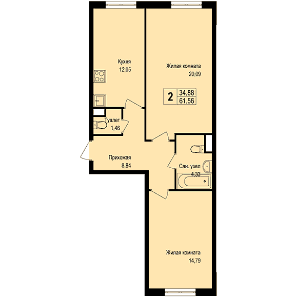 2-комнатная квартира 61.80 кв.м. в Борисовке