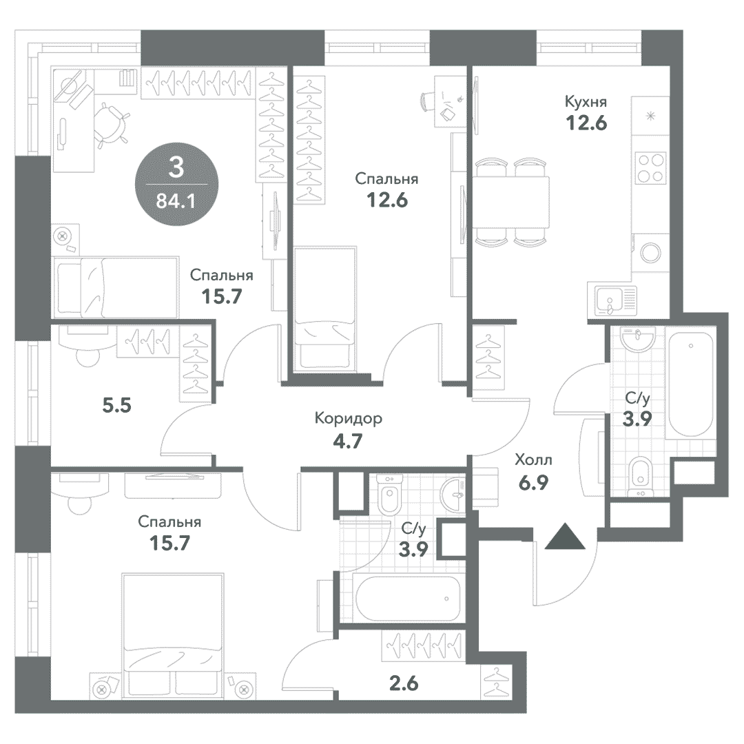 3-комнатная квартира 84.10 кв.м. в Замоскворечье