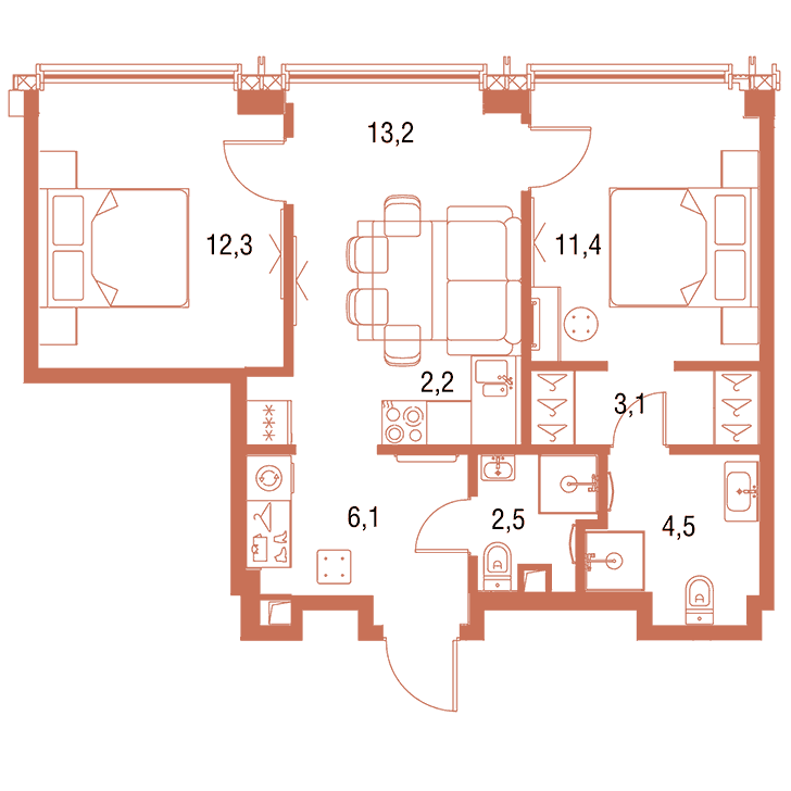 2-комнатная квартира 55.16 кв.м. в Савёловском