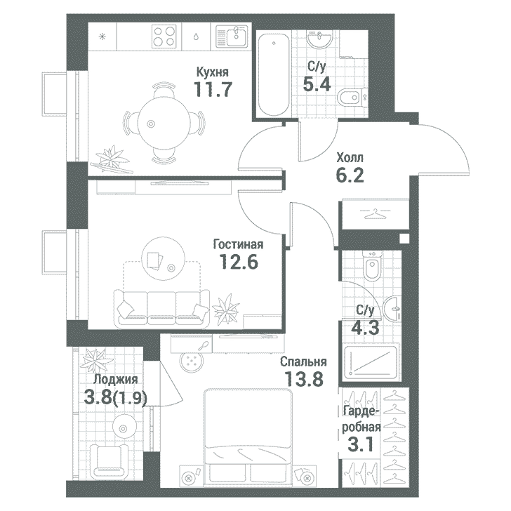 2-комнатная квартира 59.00 кв.м. в Даниловском