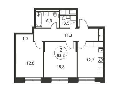 2-комнатная квартира 62.30 кв.м. в Московском
