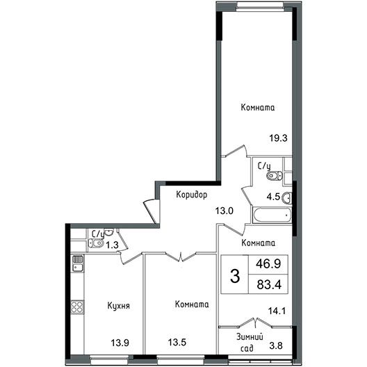 3-комнатная квартира 83.40 кв.м. в Метрогородке