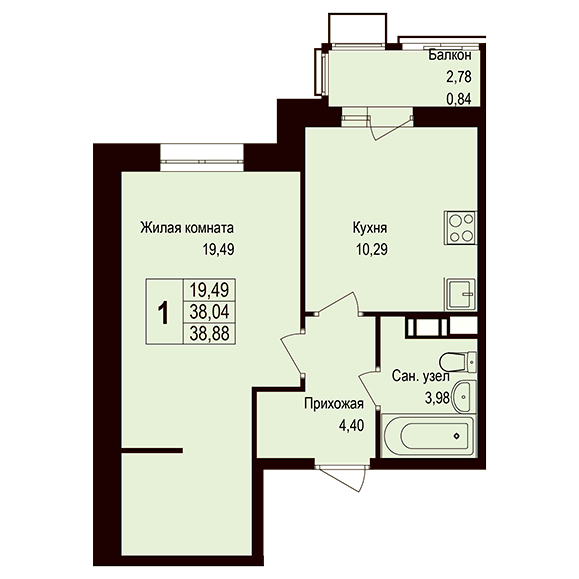 1-комнатная квартира 38.90 кв.м. в Борисовке