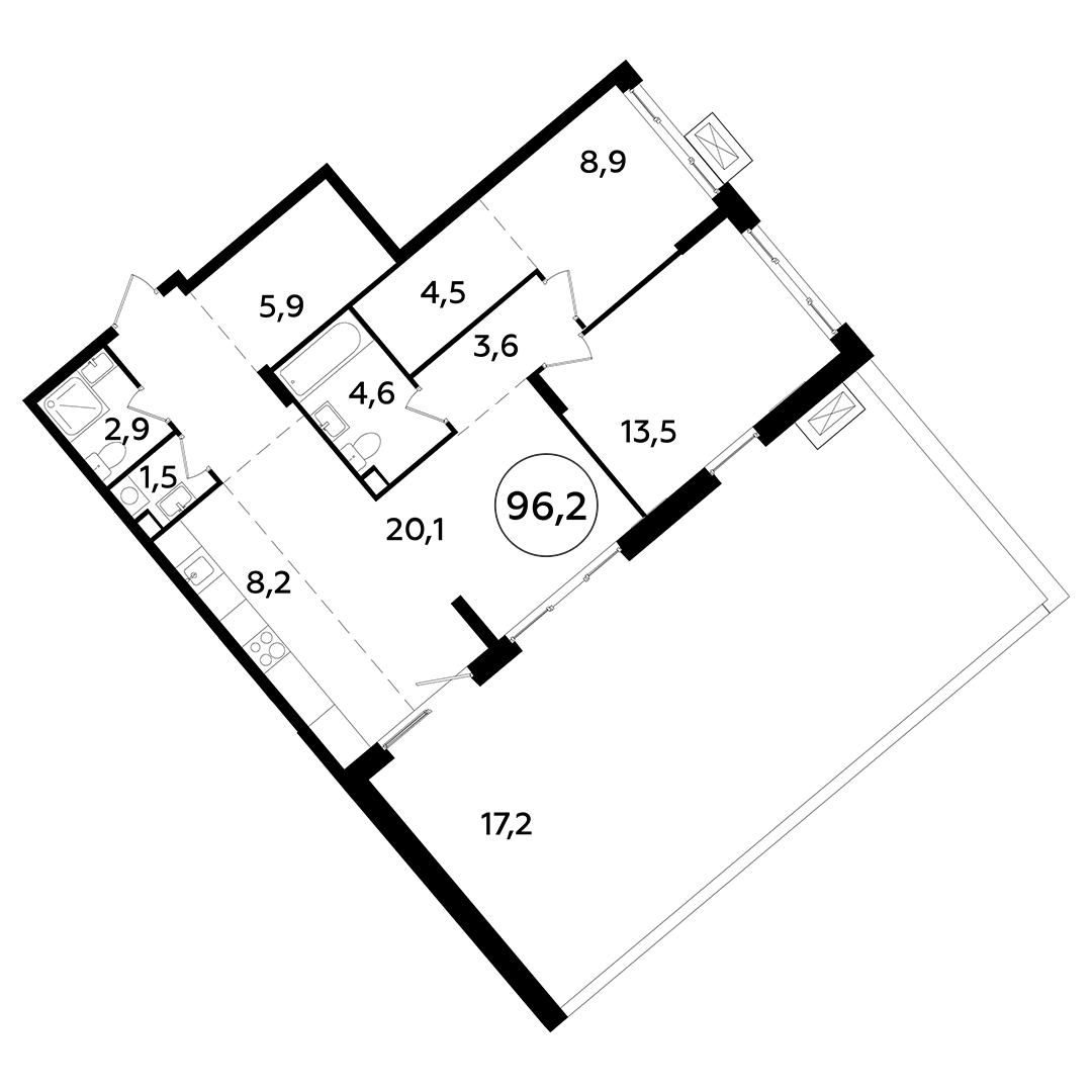 3-комнатная квартира 95.30 кв.м. в Сосенском