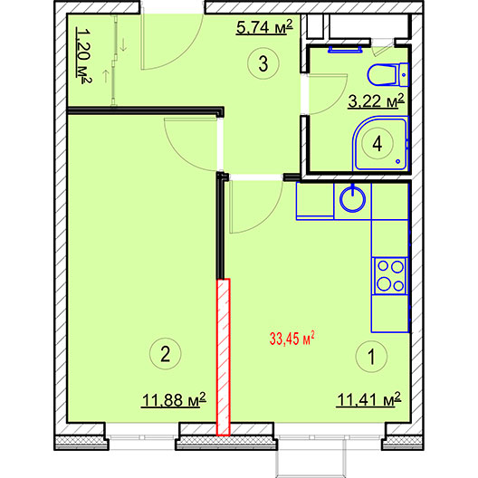 1-комнатная квартира 33.45 кв.м. в Алексеевском