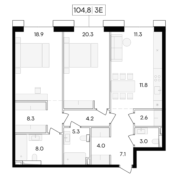 3-комнатная квартира 104.80 кв.м. в Пресненском