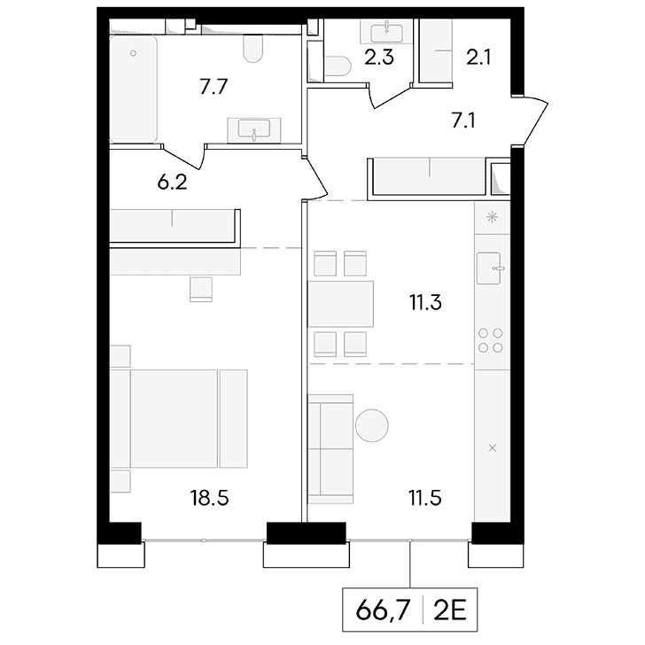 2-комнатная квартира 66.70 кв.м. в Пресненском