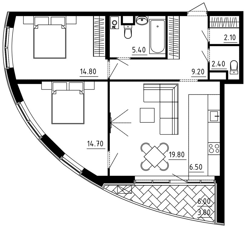 3-комнатная квартира 77.70 кв.м. в Десеновском