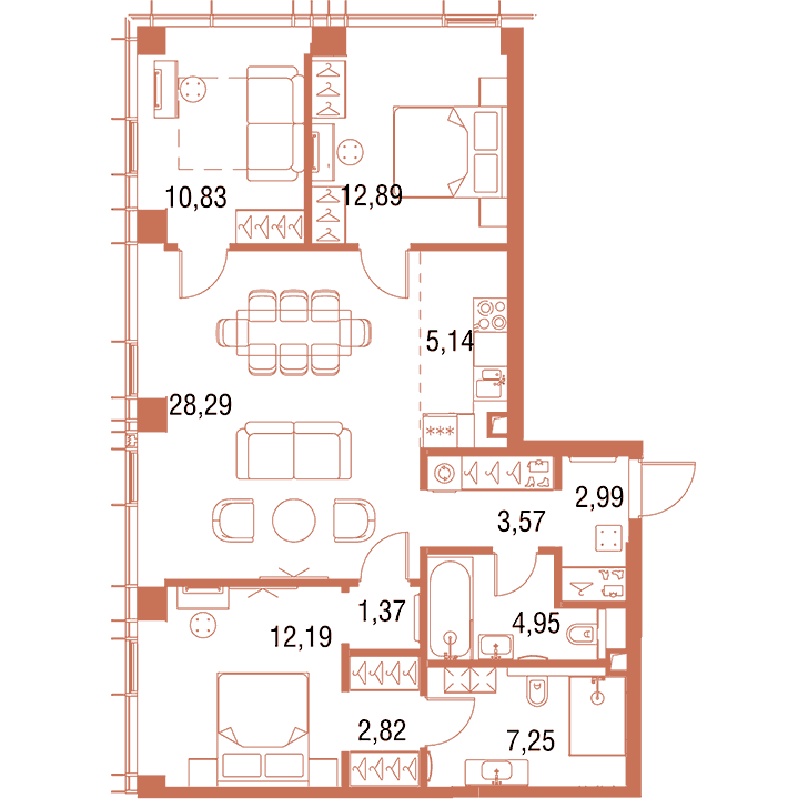 3-комнатная квартира 92.29 кв.м. в Савёловском