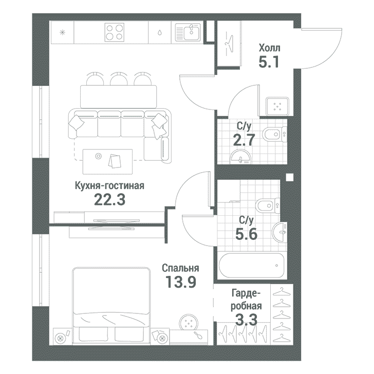 1-комнатная квартира 52.90 кв.м. в Даниловском