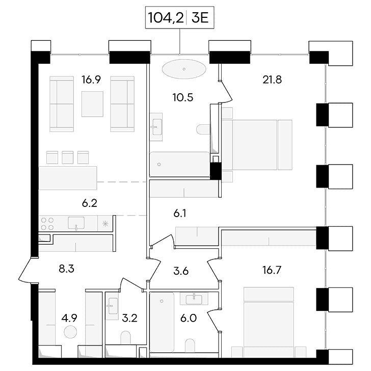 3-комнатная квартира 104.20 кв.м. в Пресненском