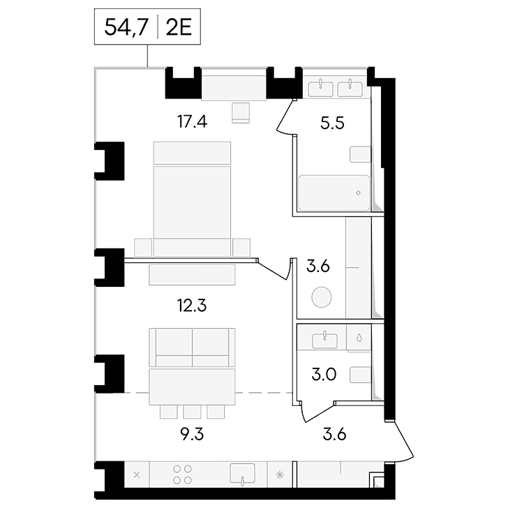 2-комнатная квартира 54.70 кв.м. в Пресненском