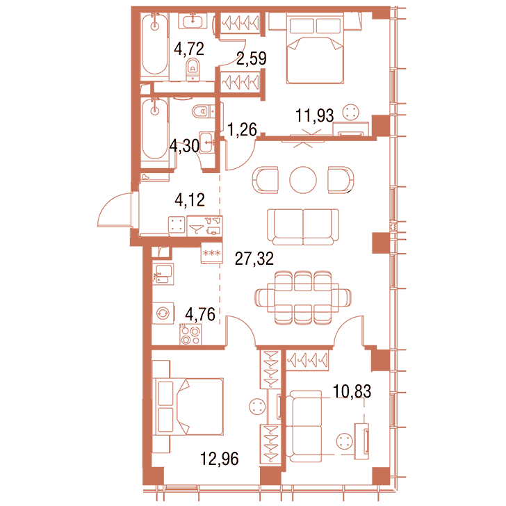 3-комнатная квартира 84.79 кв.м. в Савёловском