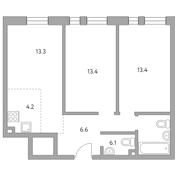 3-комнатная квартира 57.00 кв.м. в Южнопортовом