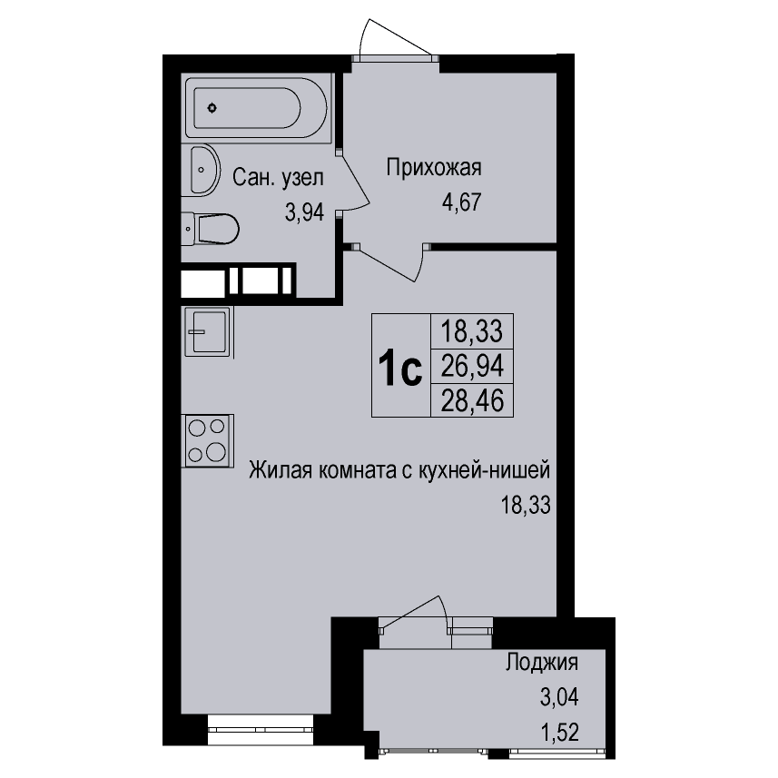 1-комнатная студия 28.30 кв.м. в Борисовке