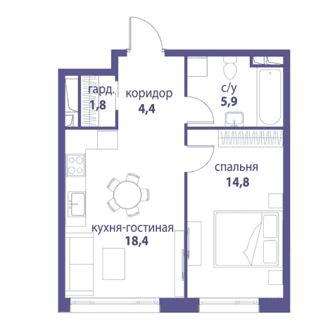 1-комнатная квартира 45.30 кв.м. в Лефортово