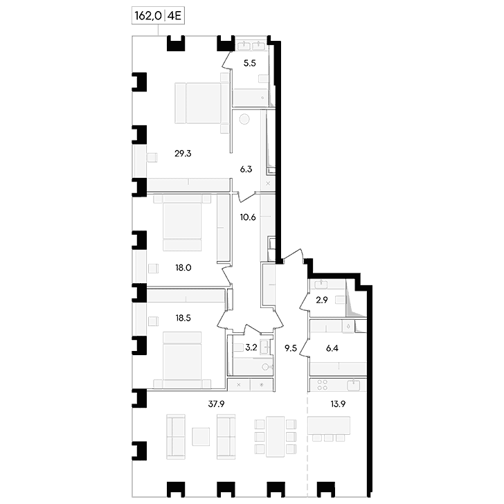 4-комнатная квартира 162.00 кв.м. в Пресненском