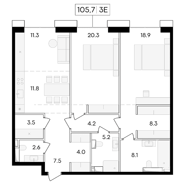 3-комнатная квартира 105.70 кв.м. в Пресненском