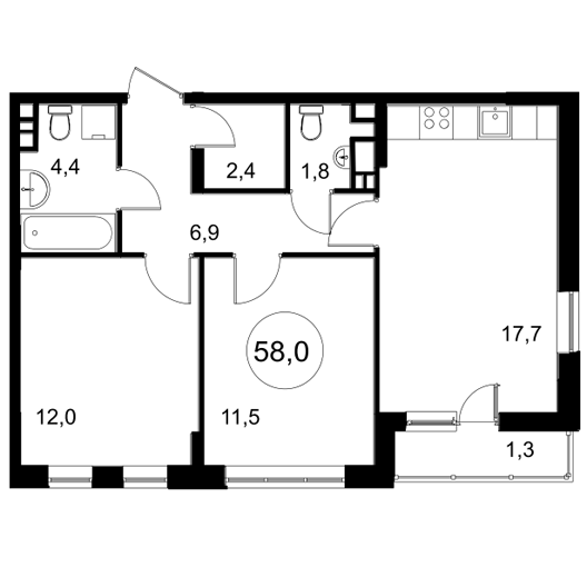 2-комнатная квартира 58.00 кв.м. в Можайском