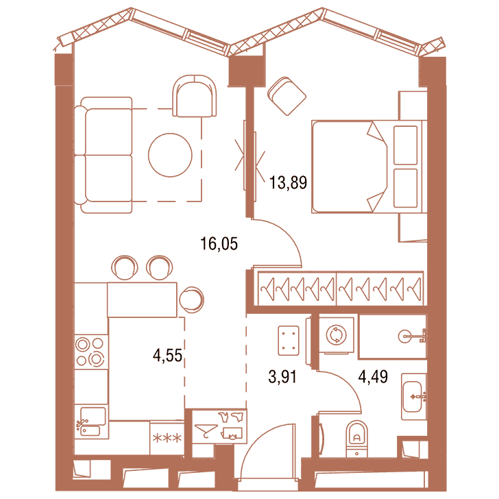 1-комнатная квартира 42.89 кв.м. в Савёловском