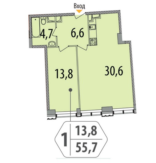 2-комнатная квартира 55.50 кв.м. в Северном Медведкове