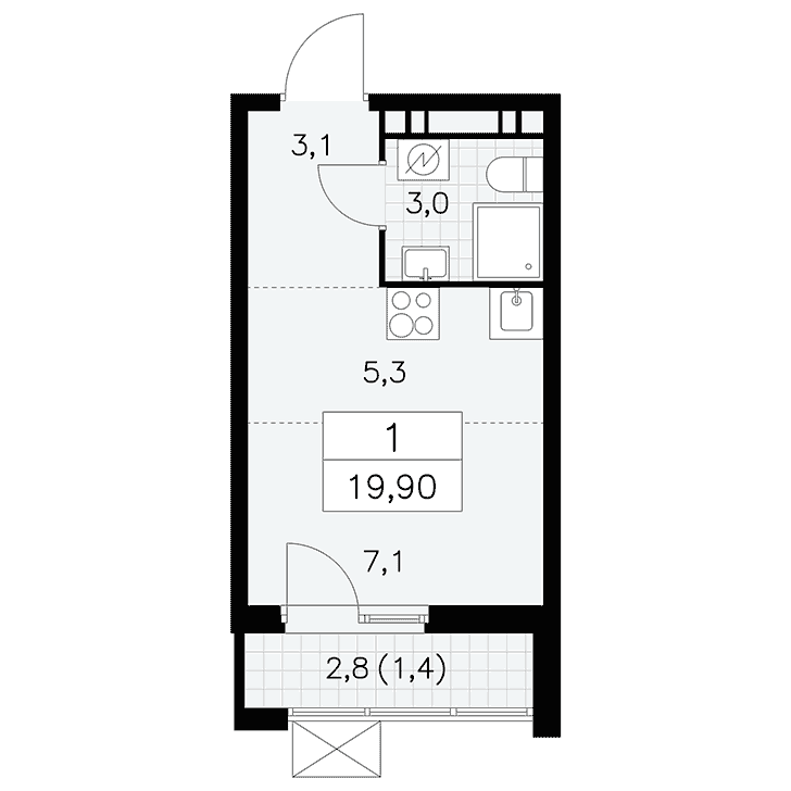 1-комнатная квартира 19.90 кв.м. в Сосенском