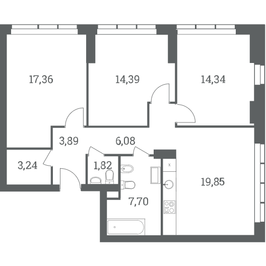 3-комнатная квартира 88.67 кв.м. в Пресненском