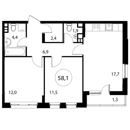 2-комнатная квартира 58.10 кв.м. в Можайском